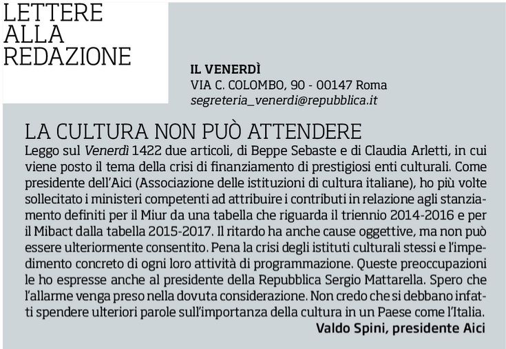 Lettera al "venerdì" sulla situazione degli istituti italiani di cultura